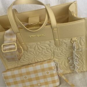 Betsey Johnson Yellow Crossbody Bag with Gingham Charm and matching wallet